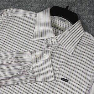 Faconnable Mens XL Button Down Shirt White Purple Green Striped Long Sleeve